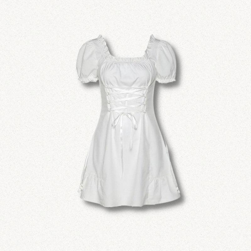 Square Neck Puff Sleeve Corset Lace-Up Ruffle Hem Mini Dress