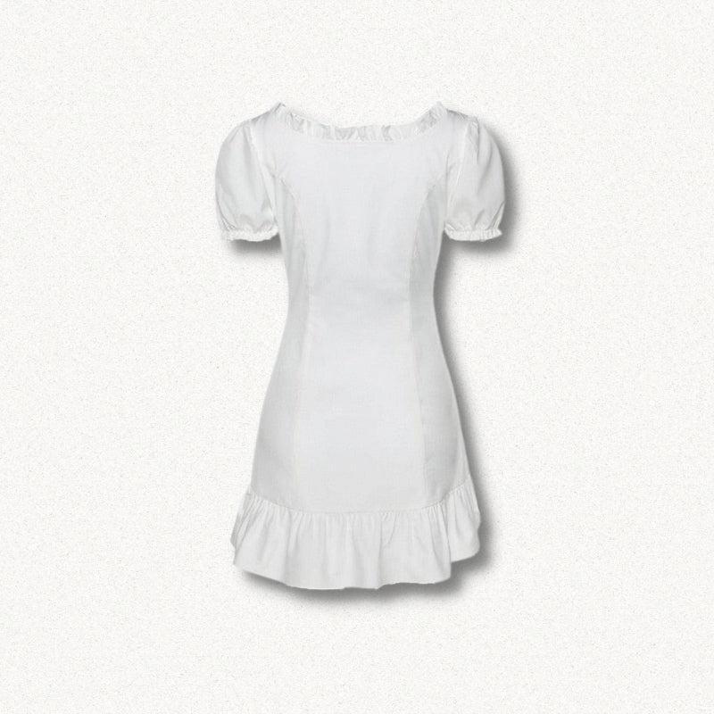 Square Neck Puff Sleeve Corset Lace-Up Ruffle Hem Mini Dress
