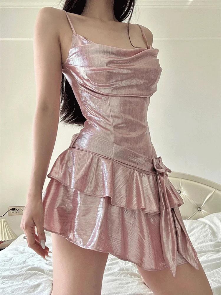 Metallic Cowl Neck Spaghetti Strap Tiered Ruffle Top and Skirt Set
