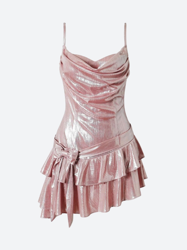 Metallic Cowl Neck Spaghetti Strap Tiered Ruffle Top and Skirt Set