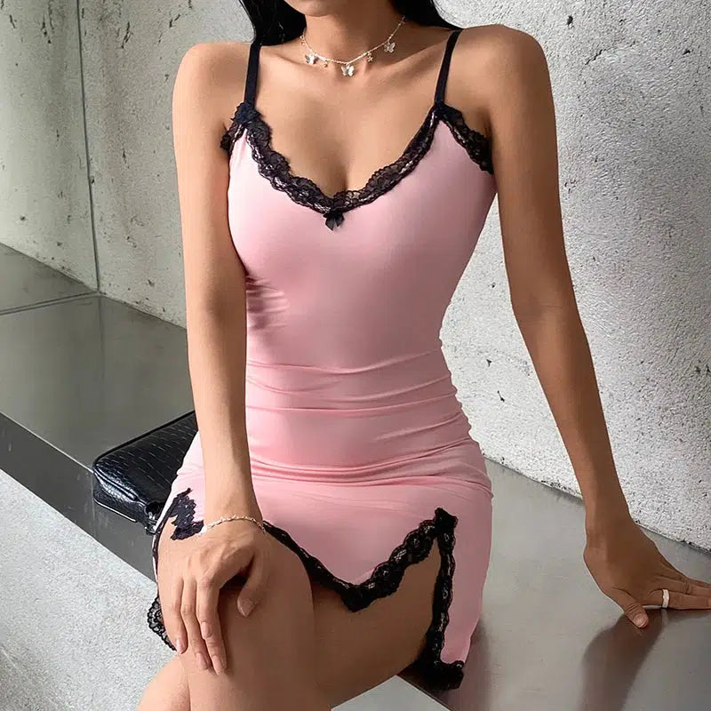 Lace Trim V-Neck Bow Spaghetti Strap Side Slit Bodycon Mini Dress