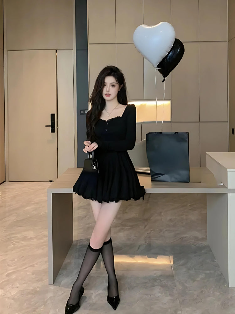 Square Neck Lace Trim Long Sleeve Flared Ruffle Hem Mini Dress