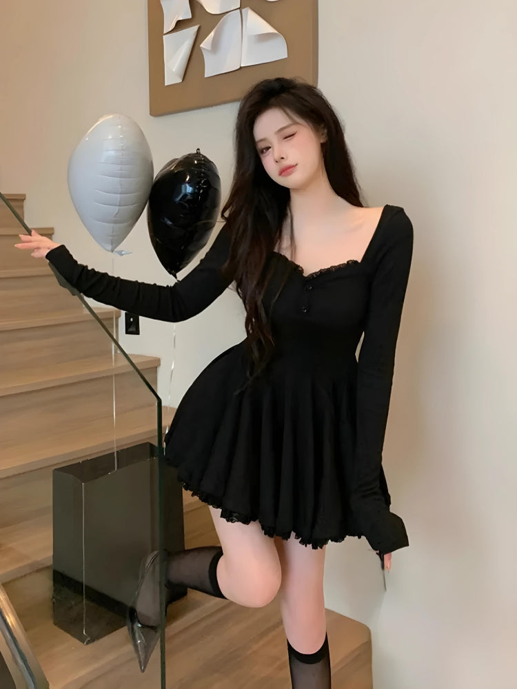 Square Neck Lace Trim Long Sleeve Flared Ruffle Hem Mini Dress