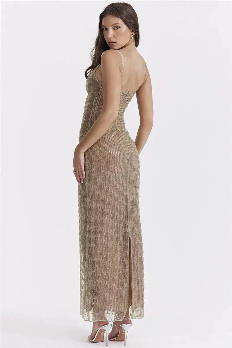 Sequin Mesh Spaghetti Strap Bodycon Maxi Dress
