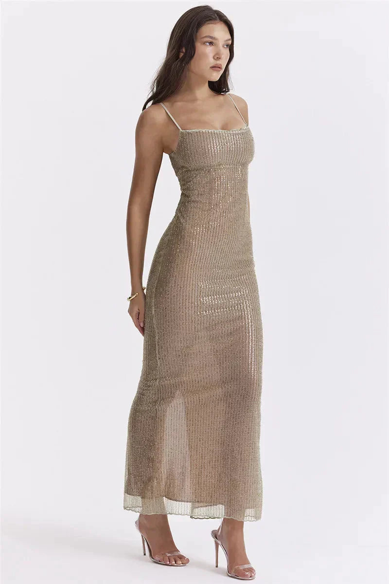 Sequin Mesh Spaghetti Strap Bodycon Maxi Dress
