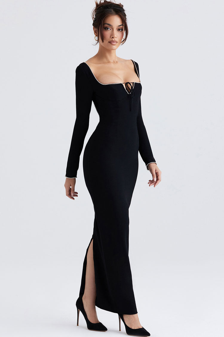 Crystal Trim Square Neck Notched Tie Front Long Sleeve Bodycon Maxi Gown