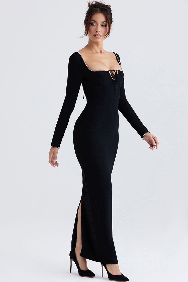 Crystal Trim Square Neck Notched Tie Front Long Sleeve Bodycon Maxi Gown