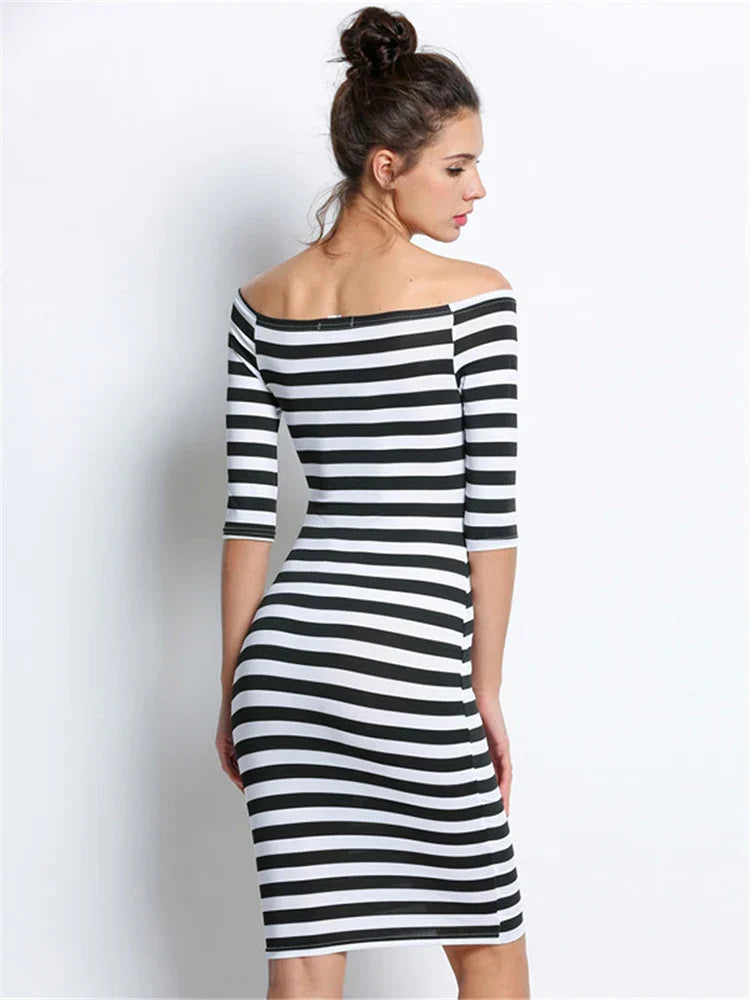 Off Shoulder Stripe Three Quarter Sleeve Bodycon Knee Length Dress