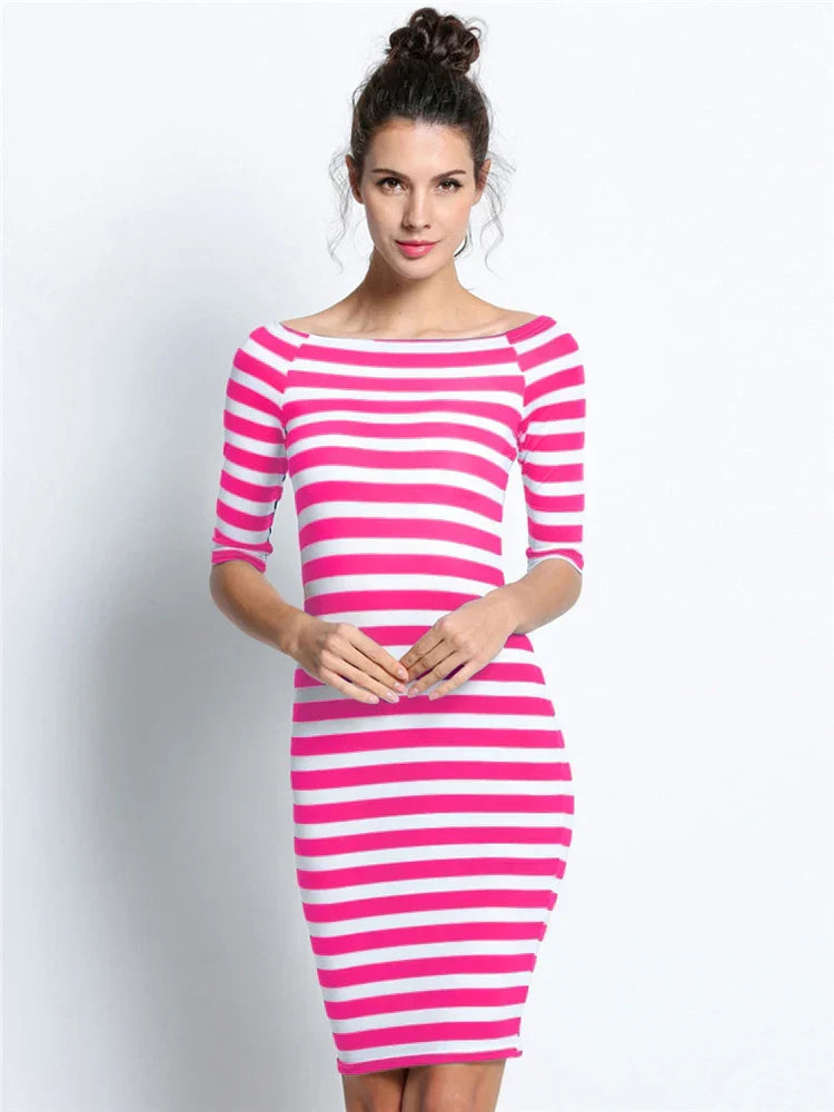 Off Shoulder Stripe Three Quarter Sleeve Bodycon Knee Length Dress