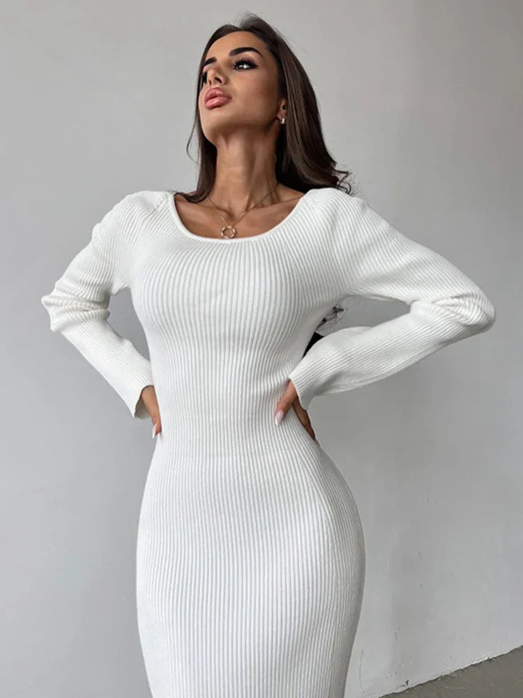 Ribbed Knit Twist Front Sweetheart Cutout Long Sleeve Bodycon Maxi Dress