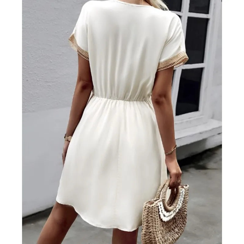 Crochet Trim Deep V-Neck Tassel Waist Cinched Mini Dress
