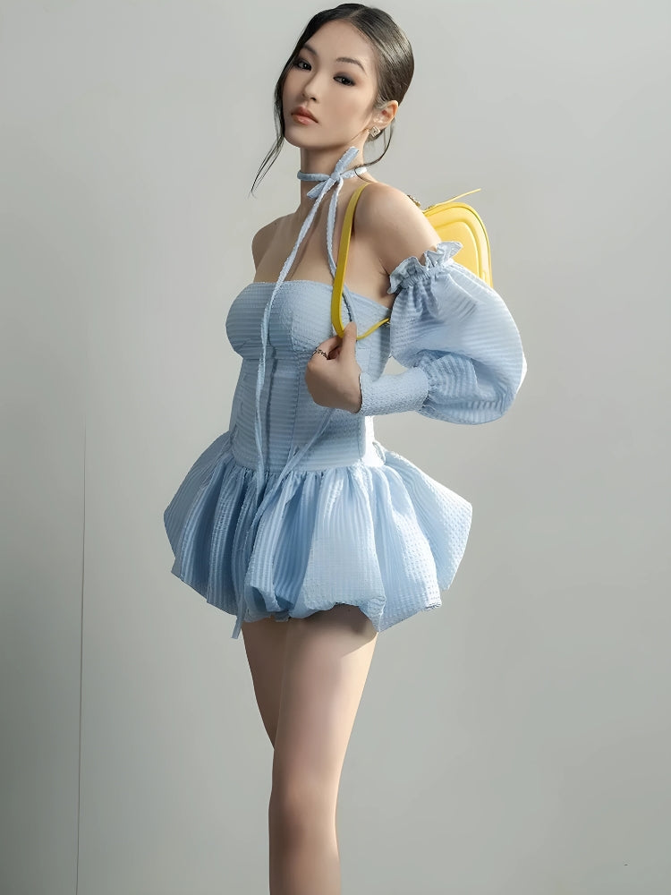 Off-Shoulder Puff Sleeve Halter Tie Bubble Hem Mini Dress