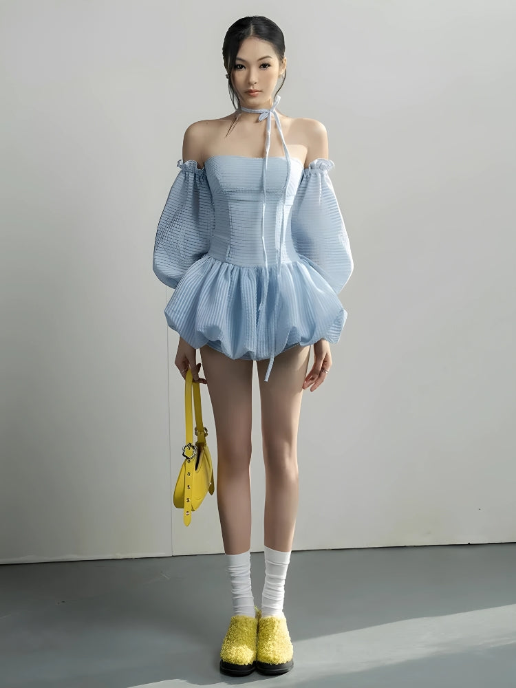 Off-Shoulder Puff Sleeve Halter Tie Bubble Hem Mini Dress