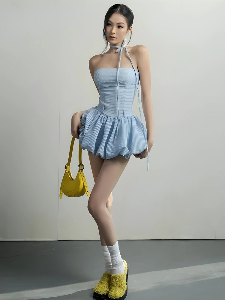 Off-Shoulder Puff Sleeve Halter Tie Bubble Hem Mini Dress