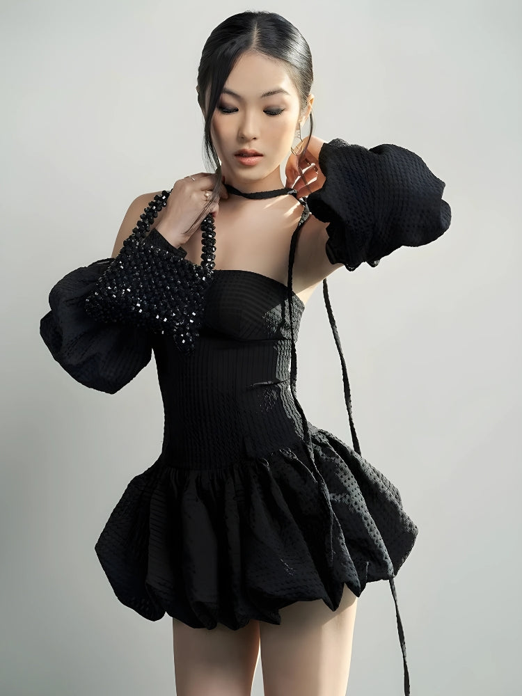 Off-Shoulder Puff Sleeve Halter Tie Bubble Hem Mini Dress