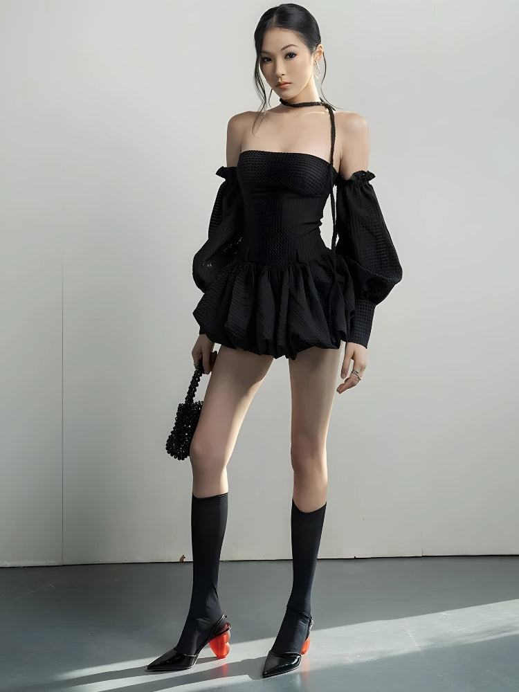 Off-Shoulder Puff Sleeve Halter Tie Bubble Hem Mini Dress