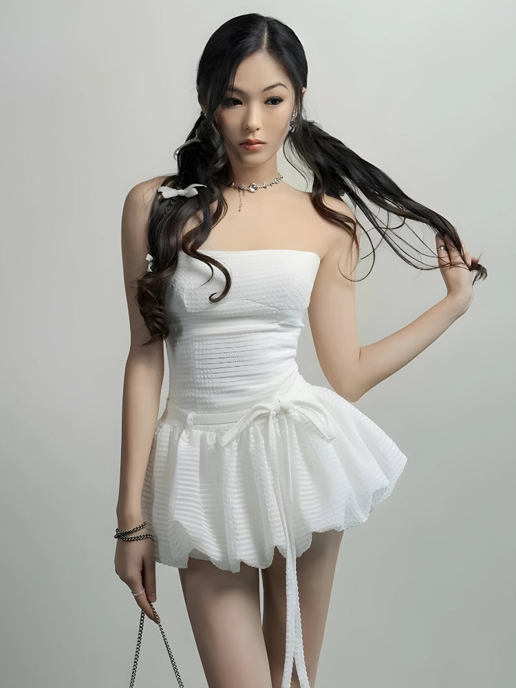 Off-Shoulder Puff Sleeve Halter Tie Bubble Hem Mini Dress