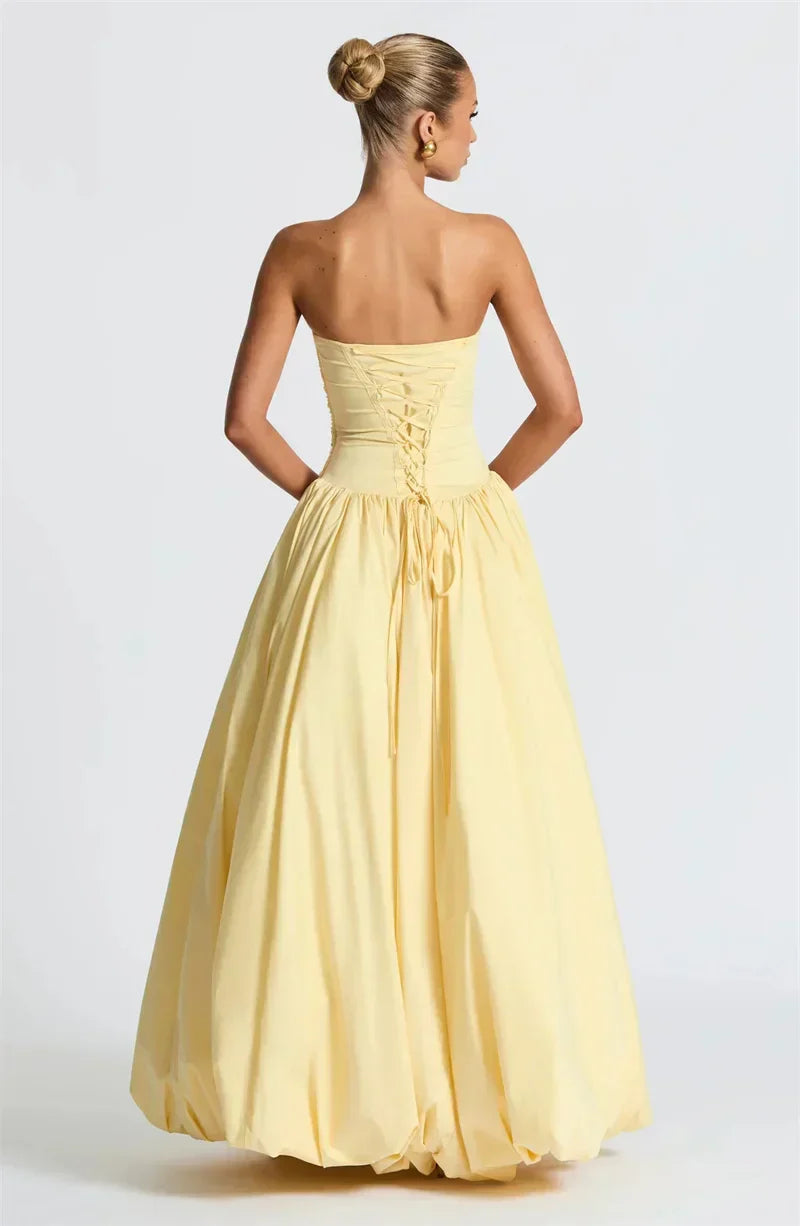 Strapless Ruched Drop Waist High Slit Ruffle Hem Ball Gown Maxi Dress