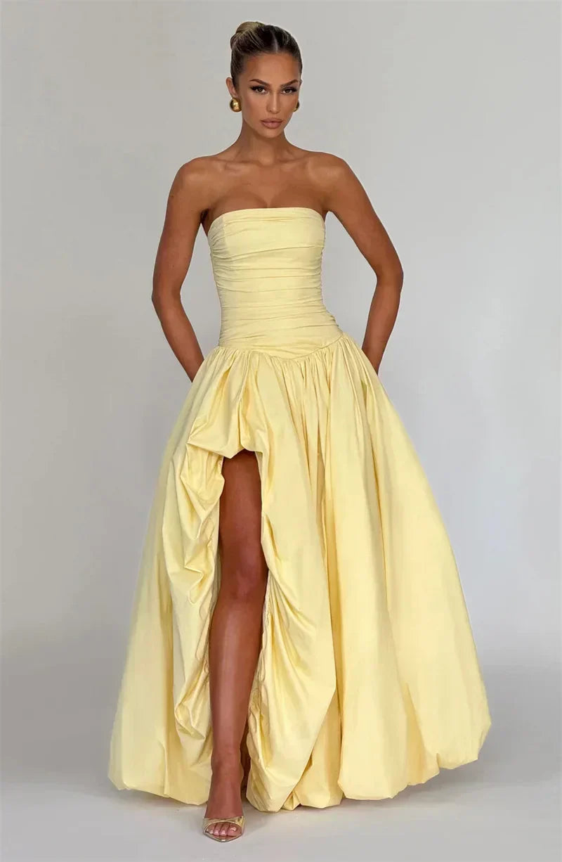 Strapless Ruched Drop Waist High Slit Ruffle Hem Ball Gown Maxi Dress