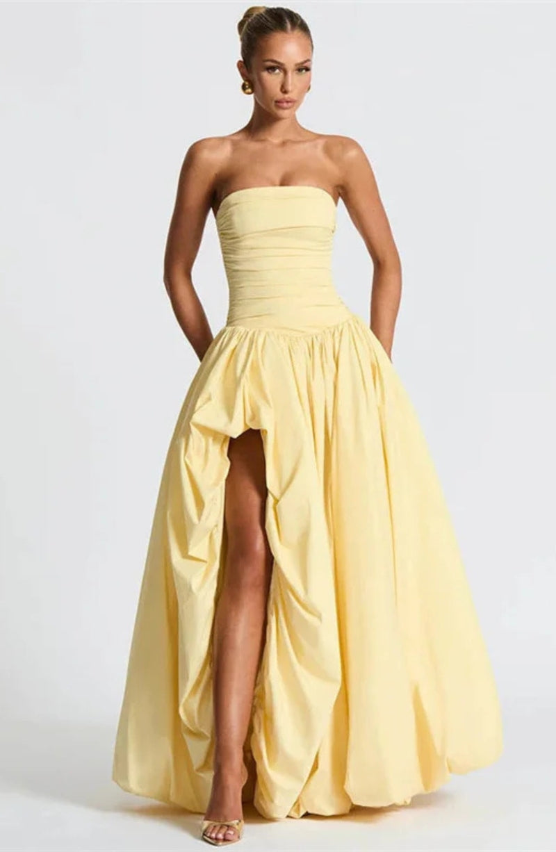 Strapless Ruched Drop Waist High Slit Ruffle Hem Ball Gown Maxi Dress