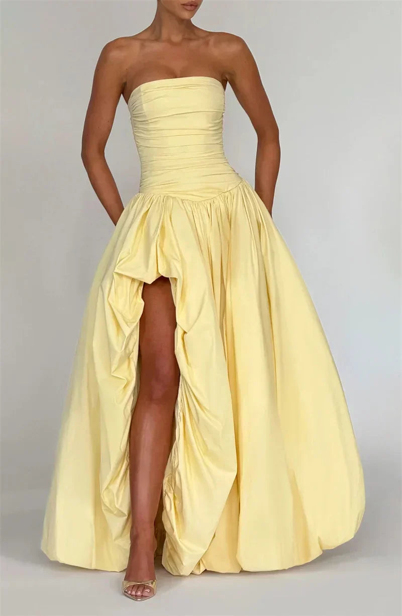 Strapless Ruched Drop Waist High Slit Ruffle Hem Ball Gown Maxi Dress