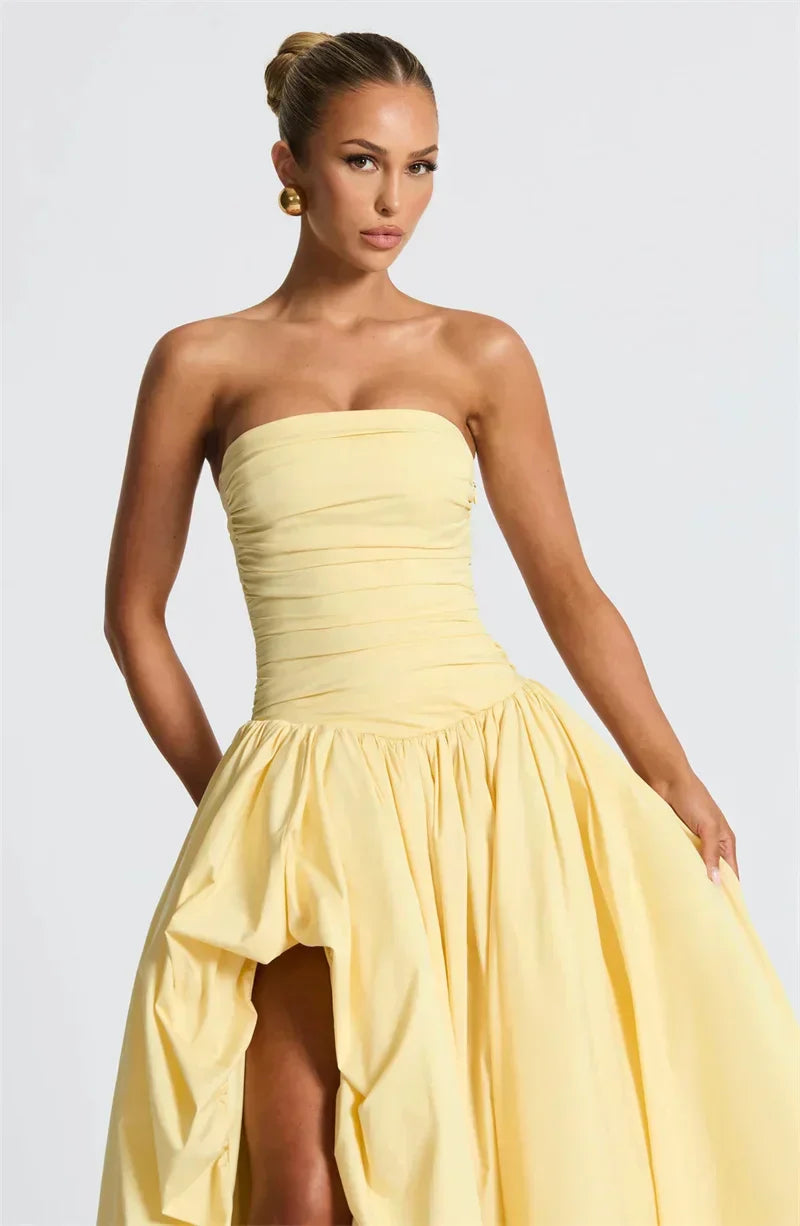 Strapless Ruched Drop Waist High Slit Ruffle Hem Ball Gown Maxi Dress