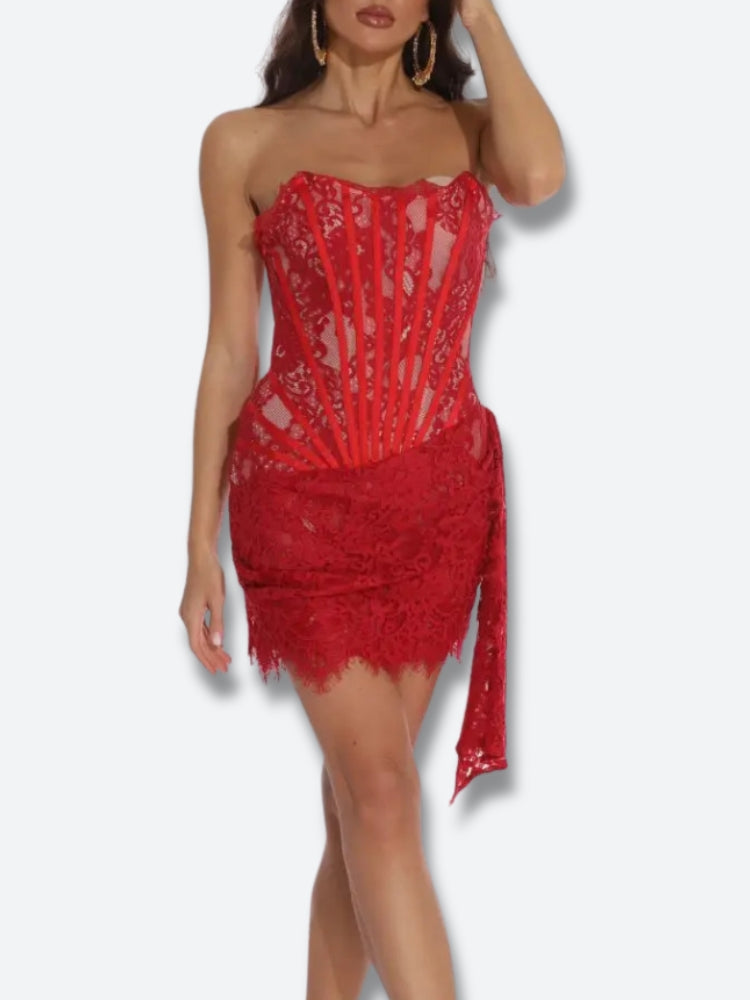 Strapless Lace Corset Scalloped Hem Drape Panel Mini Dress