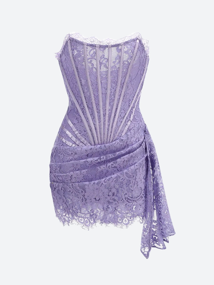 Strapless Lace Corset Scalloped Hem Drape Panel Mini Dress