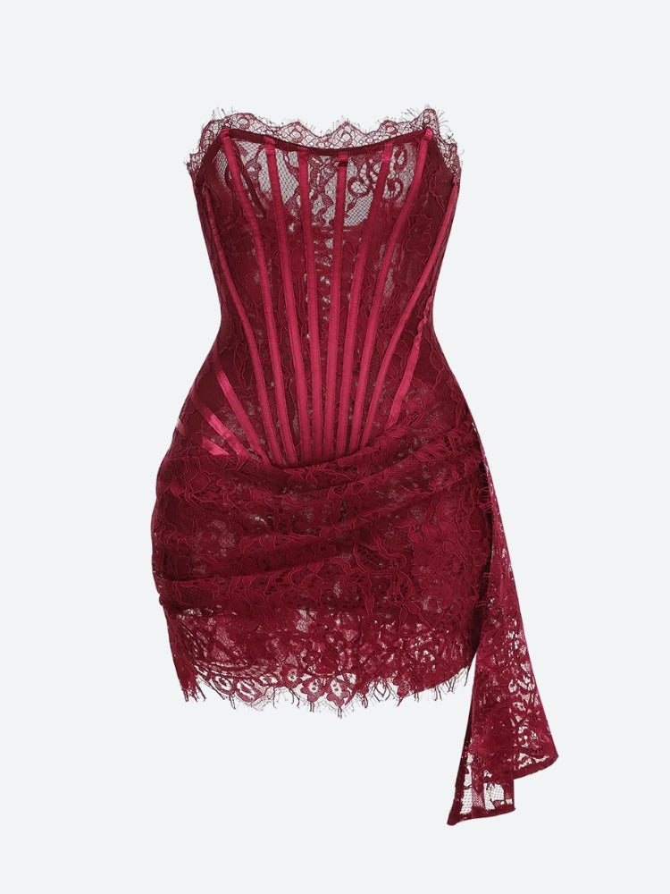 Strapless Lace Corset Scalloped Hem Drape Panel Mini Dress