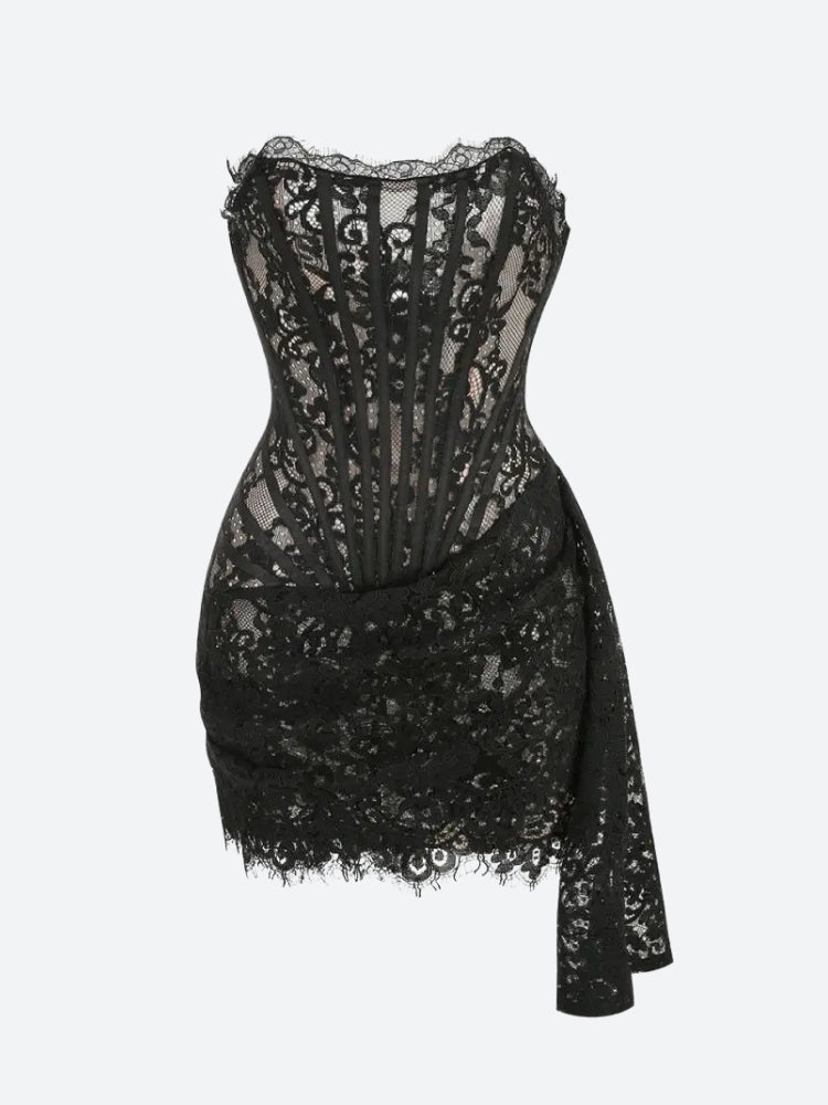 Strapless Lace Corset Scalloped Hem Drape Panel Mini Dress