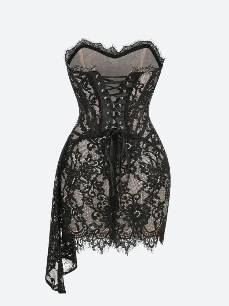 Strapless Lace Corset Scalloped Hem Drape Panel Mini Dress