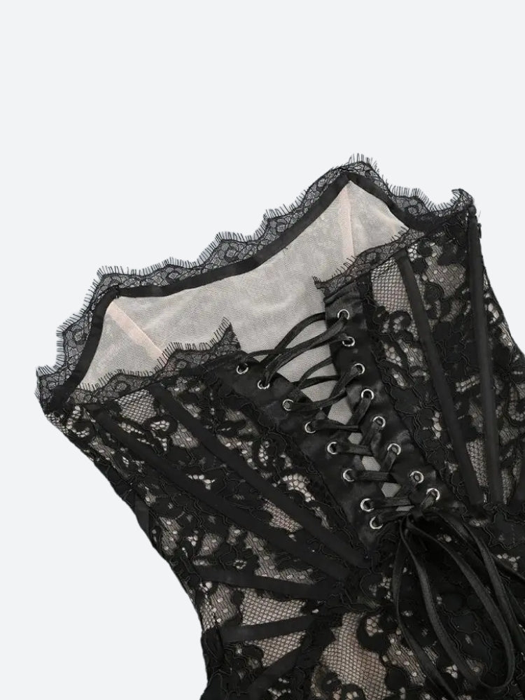 Strapless Lace Corset Scalloped Hem Drape Panel Mini Dress