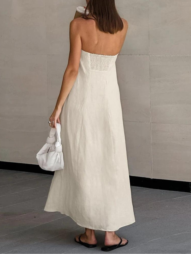 Strapless Linen-Blend Column Midi Dress