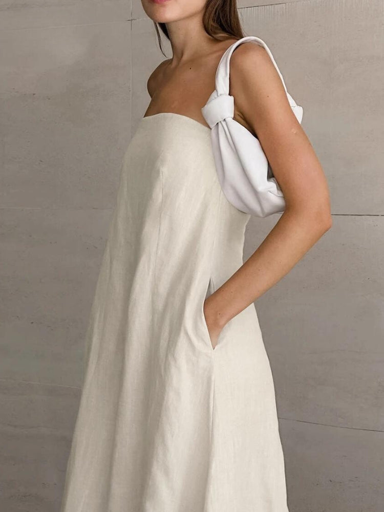 Strapless Linen-Blend Column Midi Dress