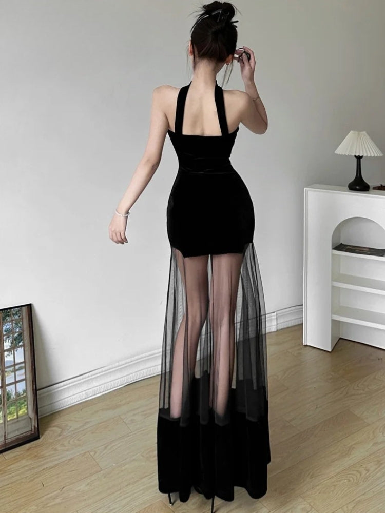 Strapless Velvet Choker Scalloped Bodice Sheer Mesh Maxi Dress