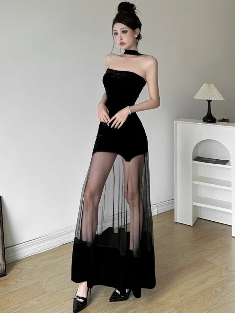 Strapless Velvet Choker Scalloped Bodice Sheer Mesh Maxi Dress