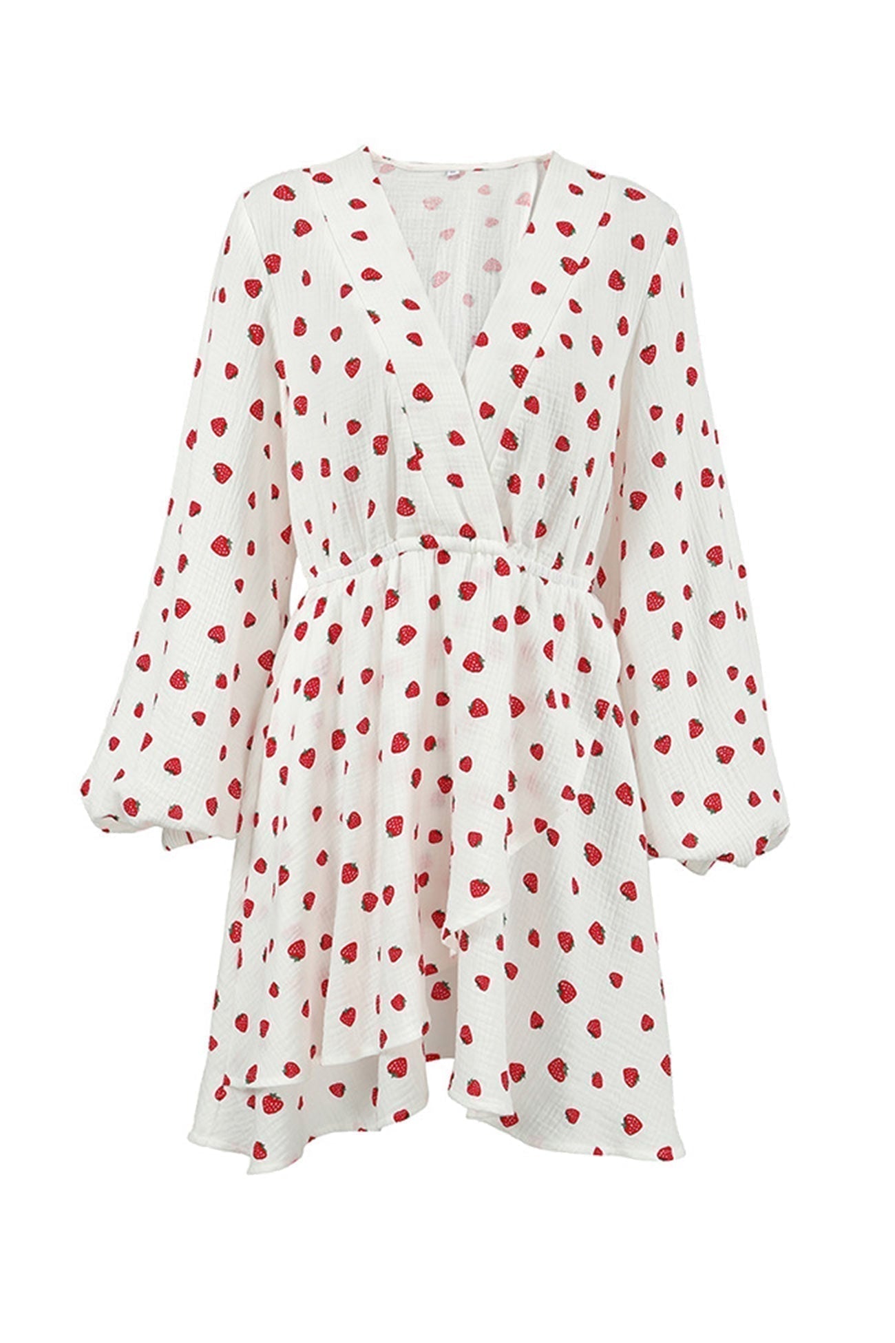 Strawberry Print Wrap Deep V-Neck Bell Sleeve Tiered Ruffle Mini Dress