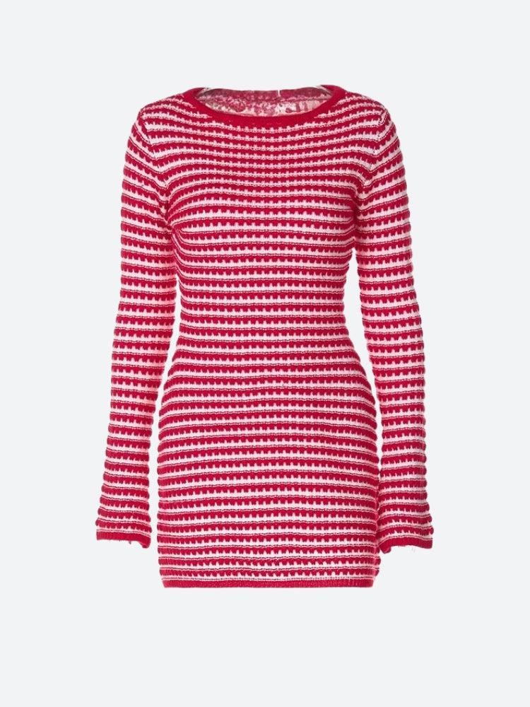 Striped Knit Boat Neck Long Sleeve Bodycon Mini Dress