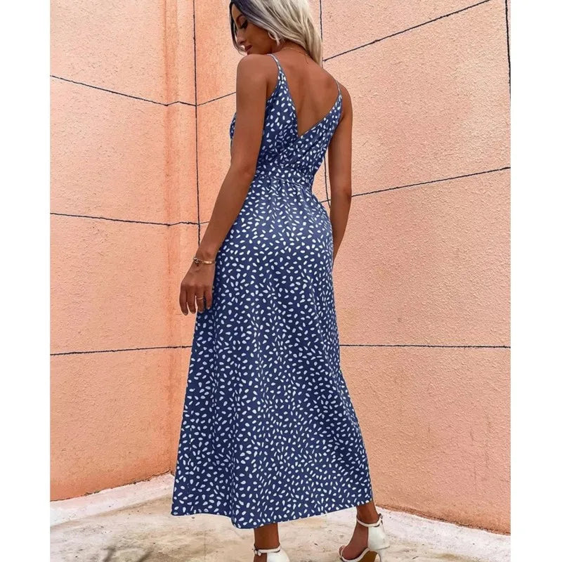 Speckled Print Spaghetti Strap Wrap Tie-Waist Side Slit Midi Dress