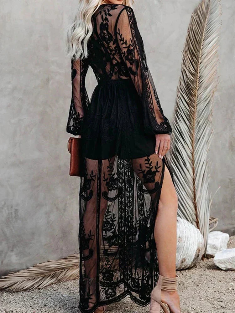 Floral Lace Embroidered Mesh Deep V-Neck Bishop Sleeve Maxi Dress