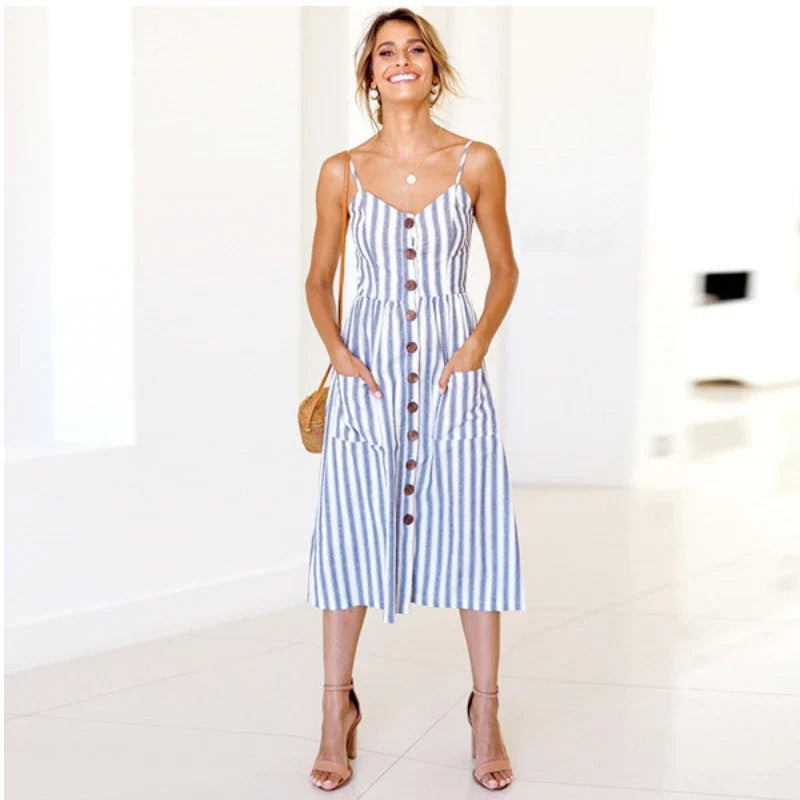 Sunflower Print Spaghetti Strap Button Front Pocket Midi Dress