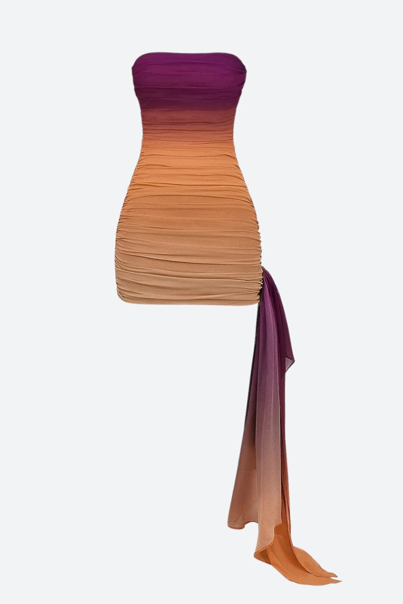 Ombre Ruched Strapless Draped Sash Bodycon Mini Dress