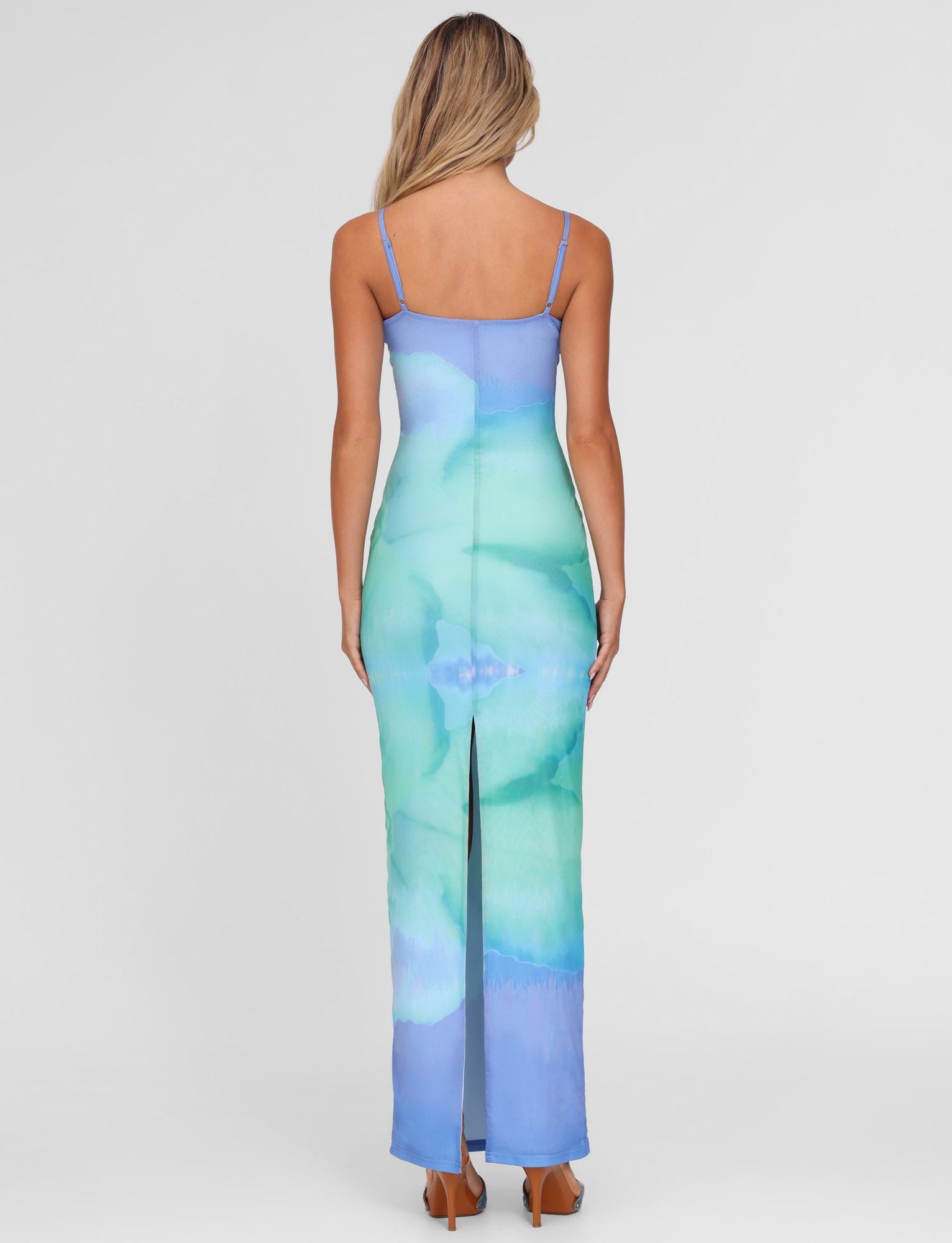 Abstract Watercolor Print Scoop Neck Spaghetti Strap Bodycon Maxi Dress