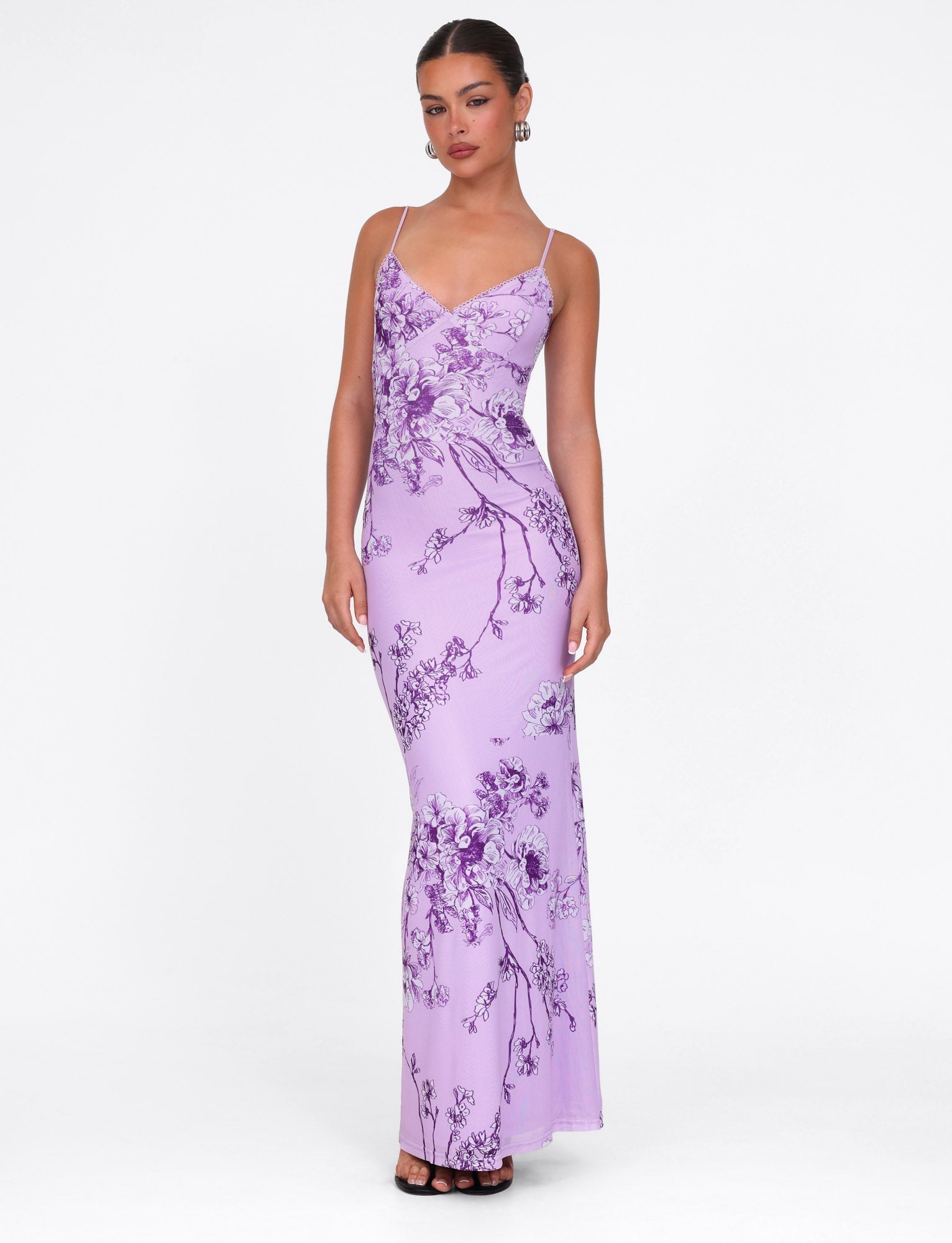 Floral Print Scalloped Trim Plunging V-Neck Spaghetti Strap Bodycon Maxi Dress