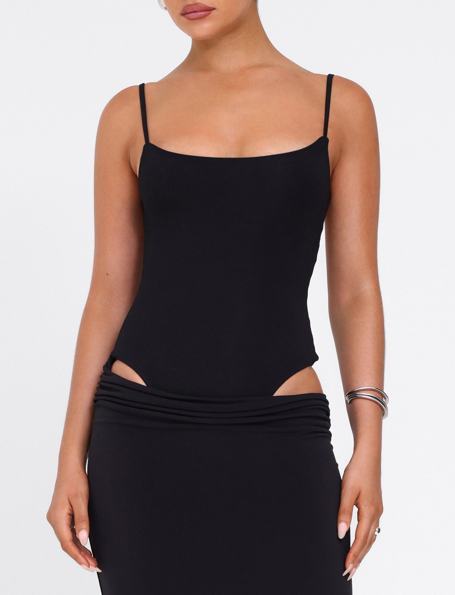 Scoop Neck Spaghetti Strap Waist Cutout Bodycon Maxi Dress