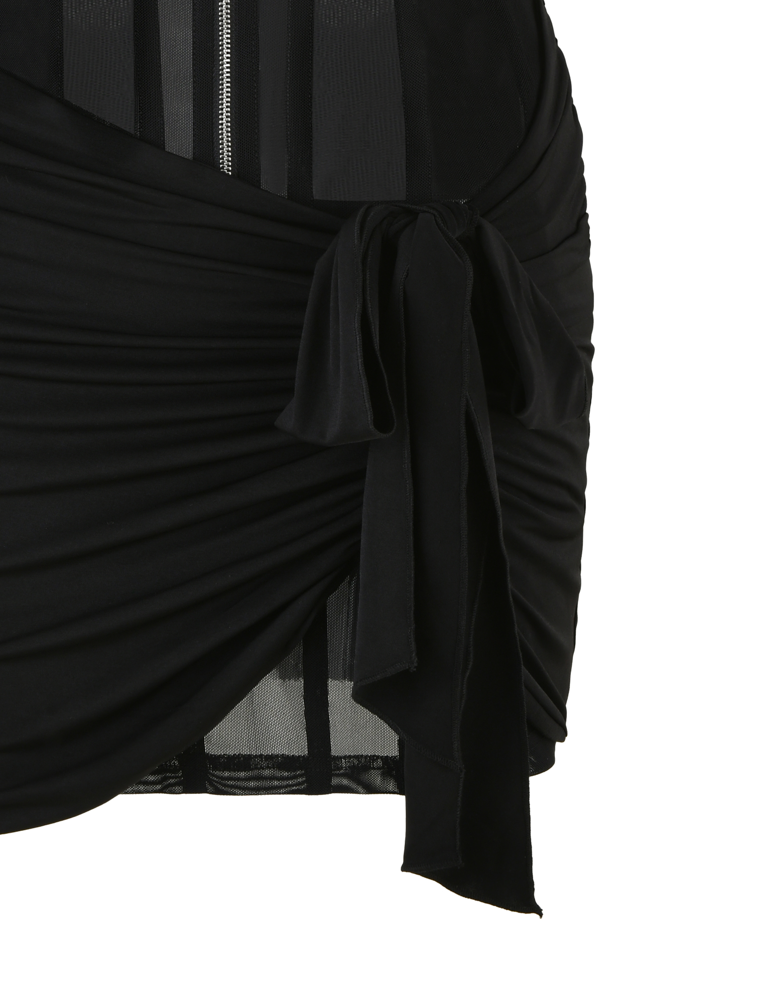 V-Neck Zip Front Sheer Mesh Corset Panel Ruched Wrap Tie Hem Mini Dress