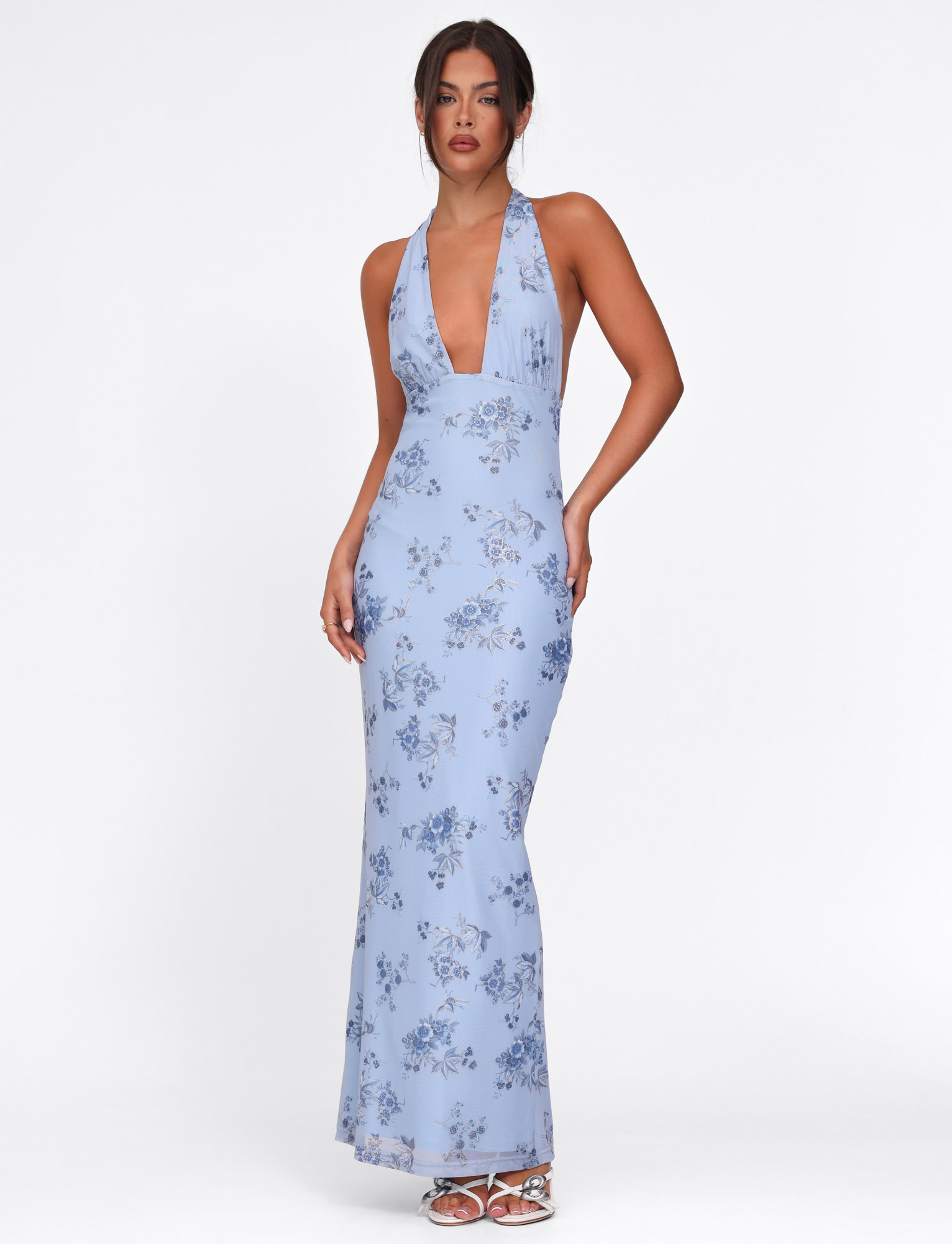 Floral Print Halter Neck Plunging Column Maxi Dress