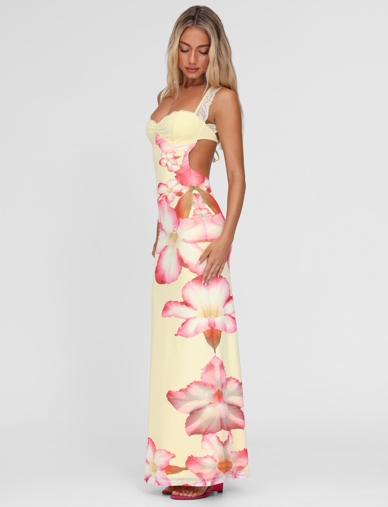 Floral Print Lace Strap Sweetheart Bustier Maxi Dress