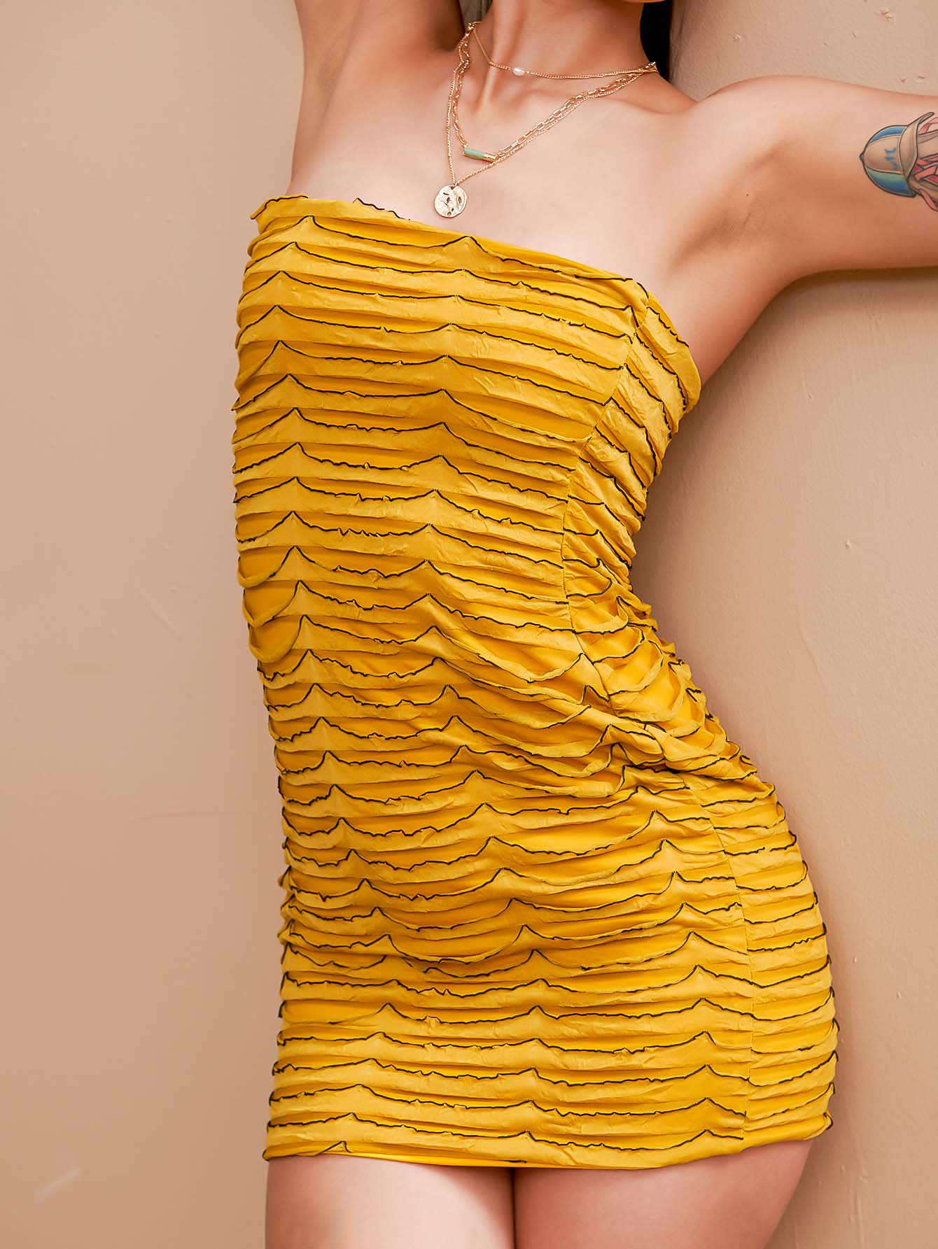 Strapless Tiered Lettuce Edge Ruffle Tube Bodycon Mini Dress