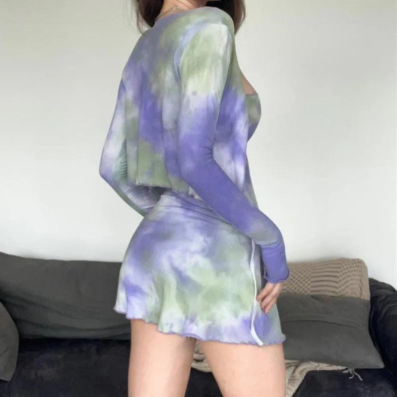 Ribbed Knit Tie-Dye Lettuce Hem Tie-Front Tube Bolero Mini Dress Set